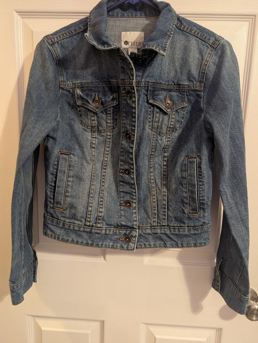 Stylus Women's Blue Jean Button Front Collared Denim Jacket w/ Pockets Size
